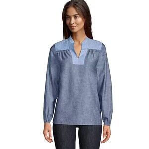 Lands' End Women's Chambray Mix Peasant Top Size M 100% Cotton Loose Fit